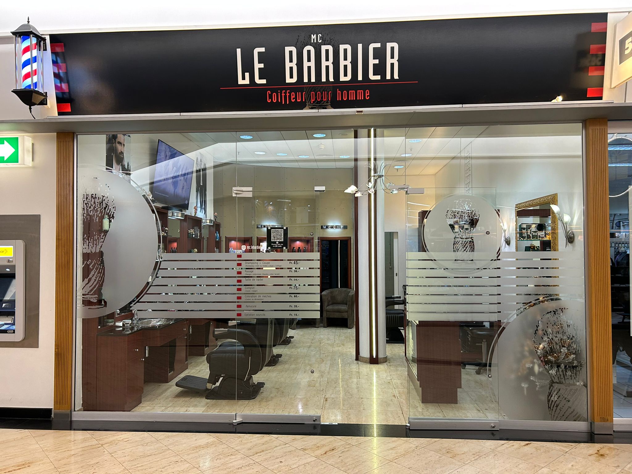 MC Le Barbier professional barber stations with mirrors and products